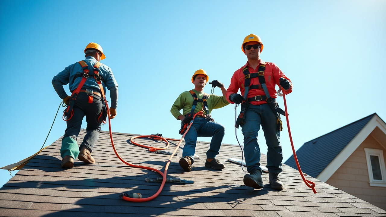 Roofing crew working on a steep-slope residential roof wearing fall-protection harnesses and hard hats